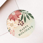 Elegant Poinsettia Lycklig Helgdag Watercolor Runt Klistermärke<br><div class="desc">___________________________ ***Denna utformning ingår i en helgdag av julklapp** Ett steg in i en värld av tidlös charm med min "Festive Flora: jul Splendor Poinsettia Delight"-samling. 🌸 framhäva säsongens magi med en fängslande blandning av blommigtar, spola grönt gräs löv, säkra röda bär och de förtjusande nyheterna om gult och röda...</div>