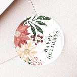 Elegant Poinsettia Lycklig Helgdag Watercolor Runt Klistermärke<br><div class="desc">___________________________ ***Denna utformning ingår i en helgdag av julklapp** Ett steg in i en värld av tidlös charm med min "Festive Flora: jul Splendor Poinsettia Delight"-samling. 🌸 framhäva säsongens magi med en fängslande blandning av blommigtar, spola grönt gräs löv, säkra röda bär och de förtjusande nyheterna om gult och röda...</div>