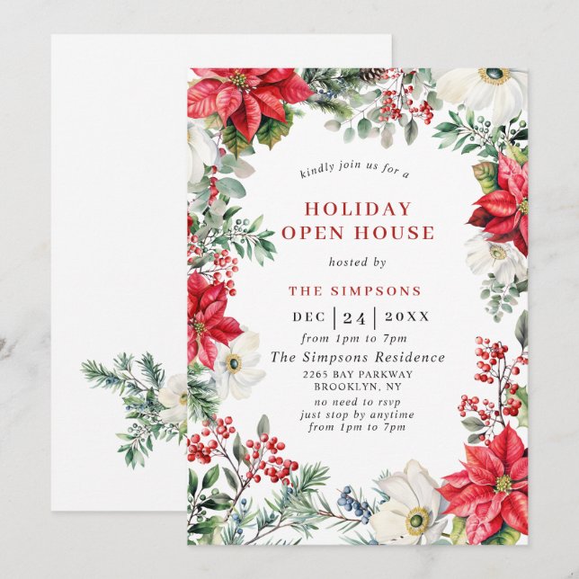 Elegant Poinsettia Open House-jul Party Inbjudningar (Fram/baksida)