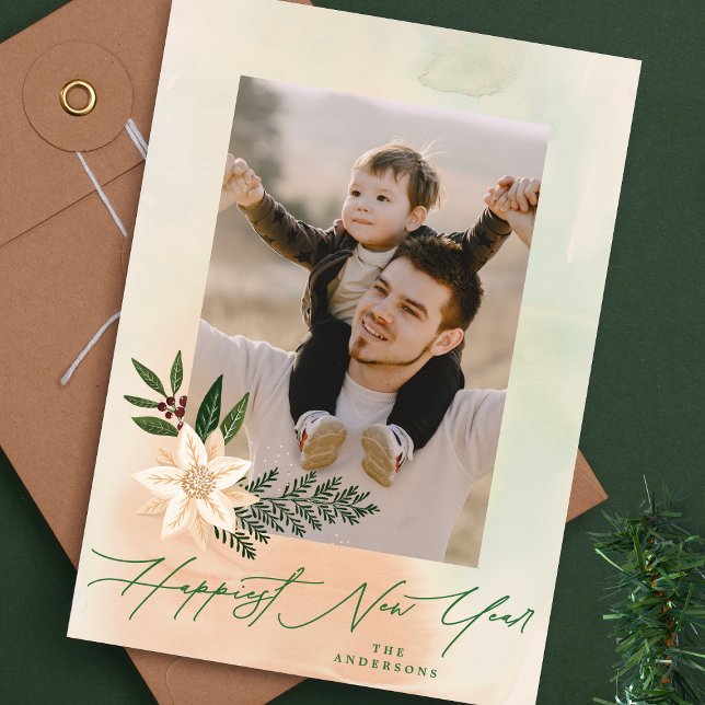 Elegant Poinsettia Photo Happiest nyår Julkort (Skapare uppladdad)