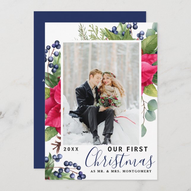 Elegant Poinsettia Photo Vår första julblå Julkort (Fram/baksida)