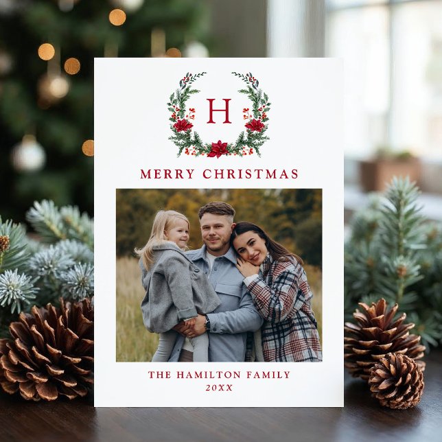 Elegant Poinsettia Wandean Monogram Foto Julkort (Skapare uppladdad)