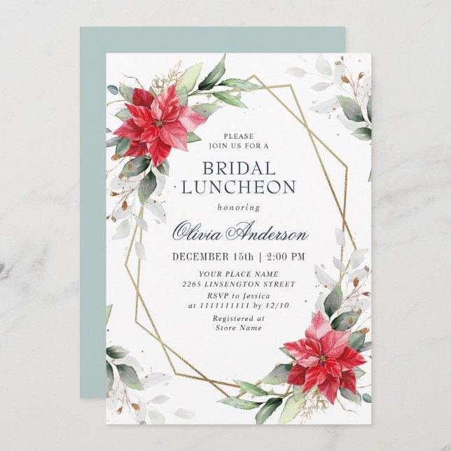 Elegant Poinsettia Winter Greenery MÖHIPPA LUNCHEO Inbjudningar (Fram/baksida)