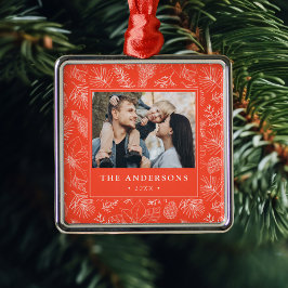 Elegant Poinsettias and Pinecones Orange Photo Julgransprydnad Metall