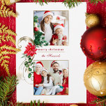 Elegant Poinsettias & Guld Scrollss 2-foto Julkort<br><div class="desc">Vacker och unik helgdag med två foto med färgstarka vattenfärger-stil poinsettias och eukalyptus löv med elegant faux-metalliska guld-scrollsar med redigerbar text fält. Baksidan innehåller ytterligare fotomall,  blommigt,  guld rulla och fält.</div>