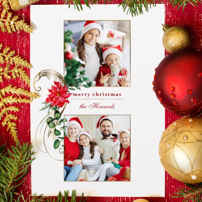 Elegant Poinsettias & Guld Scrollss 2-foto Julkort (Skapare uppladdad)