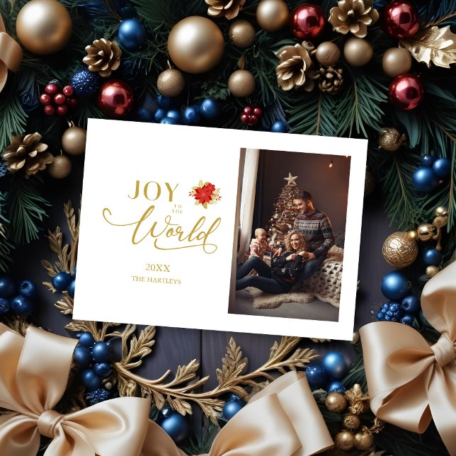 Elegant Poinsettias Joy till Världshälsojulen Julkort (Elegant Poinsettias Whimsical Joy to the World Classic Christmas Photo Holidays Cards.)