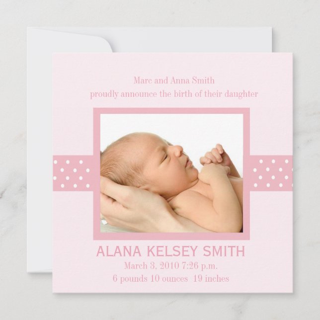 Elegant Polka Dot Birth Notice (rosa) Meddelande (Framsida)