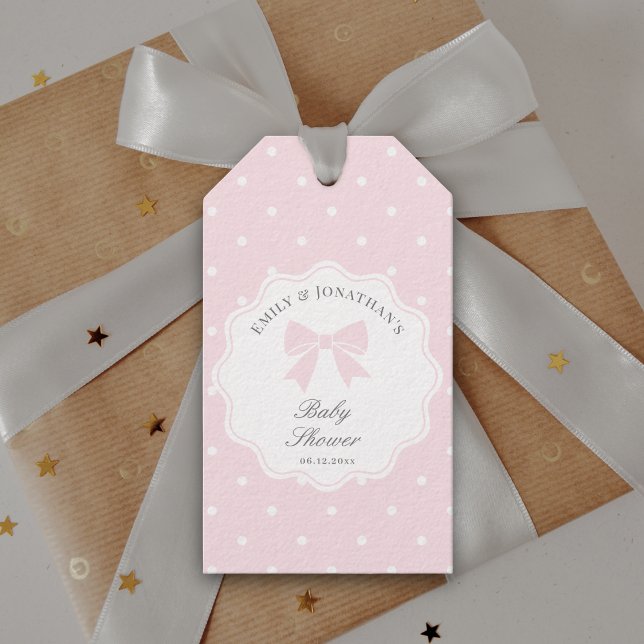 Elegant Polka dots Baby Rosa Bow Girl Baby Shower Presentetikett (Skapare uppladdad)