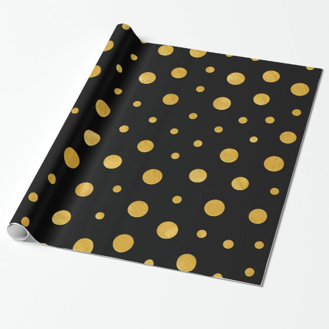 Elegant polka dots - Svarta Guld Presentpapper (Utrullad)