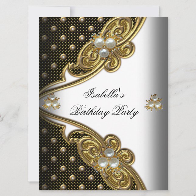 Elegant Polka dots White Black Guld Party Inbjudningar (Framsida)