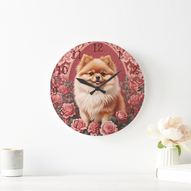 Elegant Pommanian Hund William Morris Inspired Stor Klocka (Hem)