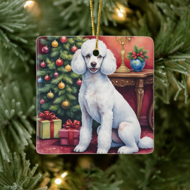 Elegant Poodle Beside Christmas Tree Holiday Dog  Julgransprydnad Keramik (Träd)