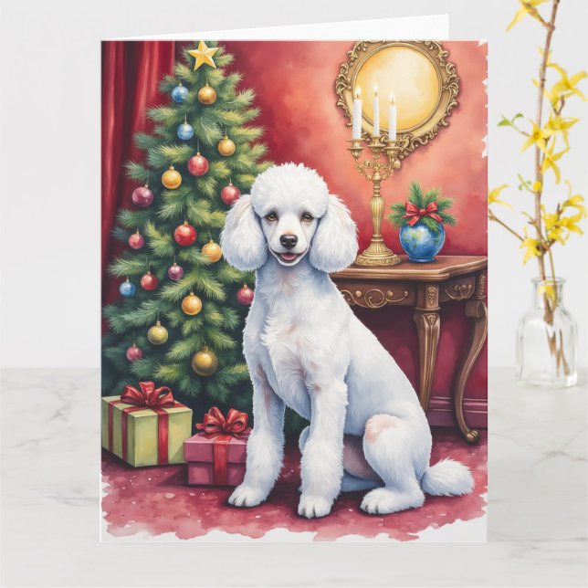 Elegant Poodle Beside Christmas Tree Holiday Dog  Kort (Gul blomma)