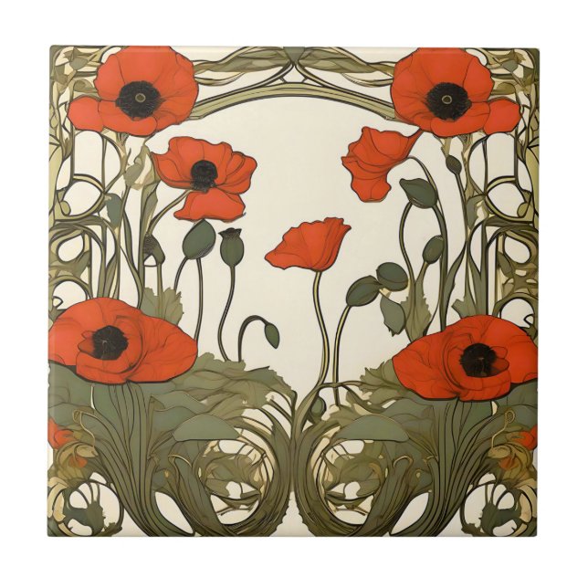 Elegant Poppies Art nouveau Kakelplatta (Framsidan)
