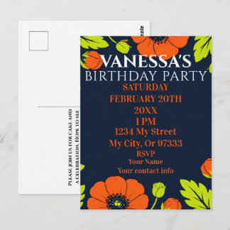 Elegant Poppies Black Birthday Invitation Vykort