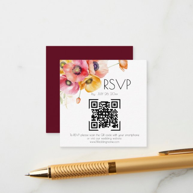 Elegant Poppies Floral QR Code Wedding RSVP  Tilläggskort (Fram/Back In Situ)