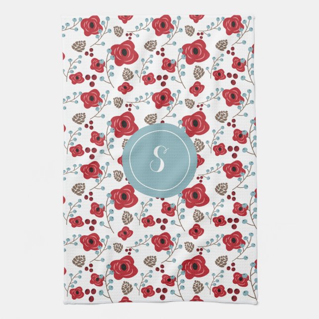 Elegant Poppies och Berries Mönster Monogram Kökshandduk (Vertikal)