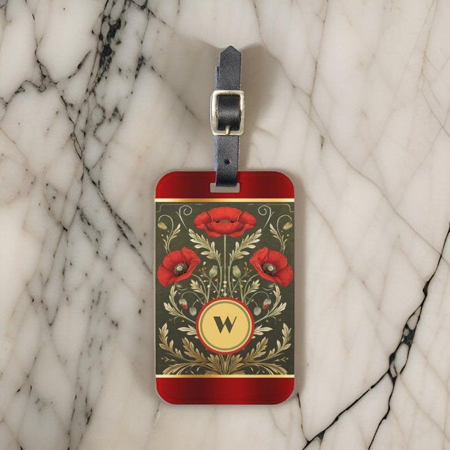 Elegant Poppies Stripe Guld Red Monogram Initial Bagagebricka (Skapare uppladdad)