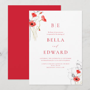 Elegant Poppy Red Monogram Blommigt Forme Bröllop Inbjudningar