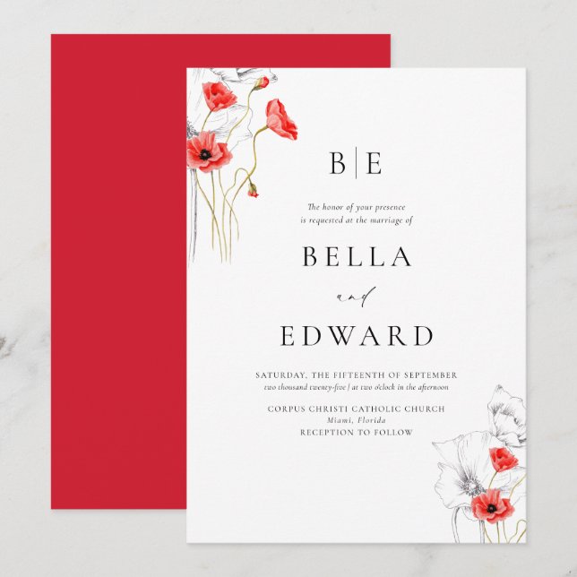 Elegant Poppy Red WildFlowers Formal Bröllop Inbjudningar (Fram/baksida)