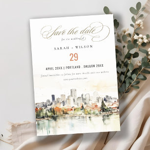 Elegant Portland Oregon Skyline Watercolor Bröllop Spara Datumet