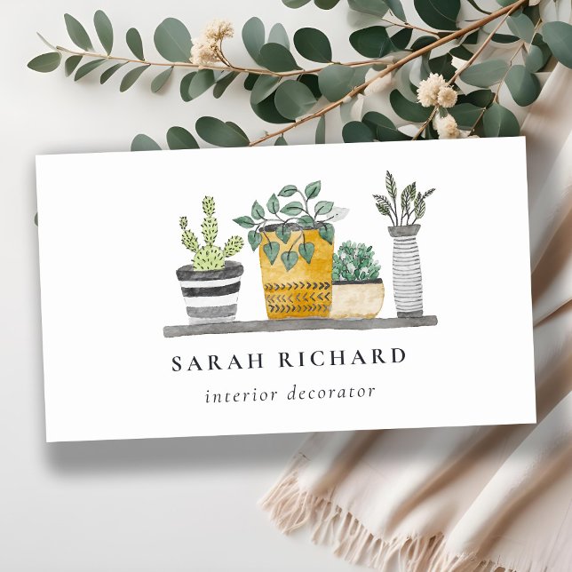 Elegant Poted House Plants Watercolor Botanical Visitkort (Skapare uppladdad)