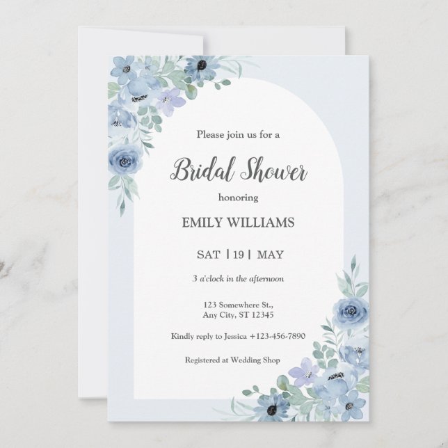 Elegant Powder Blue Flowers Bridal Shower Inbjudningar (Framsida)