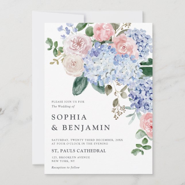 Elegant Powder Blue Rosa Hydrangea Formal Bröllop Inbjudningar (Framsida)