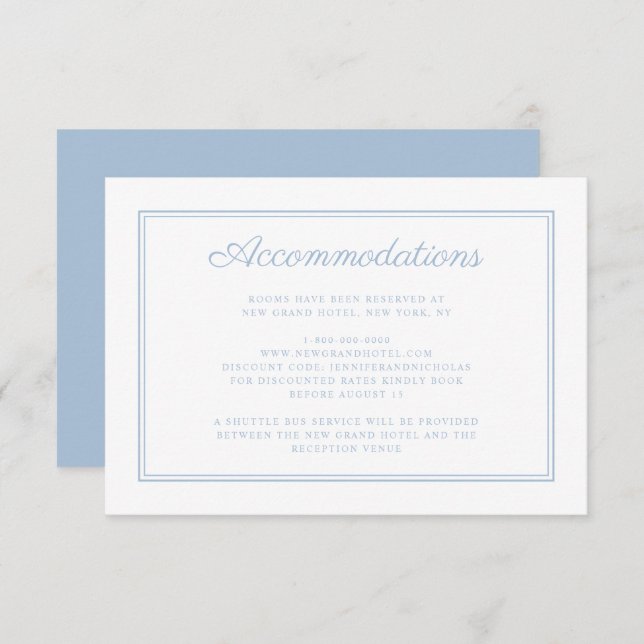 Elegant Powder Blue Script Bröllop Accommodation Tilläggskort (Fram/baksida)