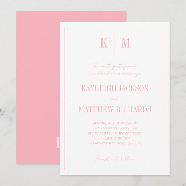 Elegant Powder Pink Monogram Wedding  Inbjudningar (Fram/baksida)