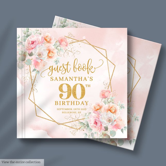 Elegant Powder Rosa Guld Flowers 90:e Guest Bok (Elegant Powder Pink Gold Flowers 90th Guest Book)