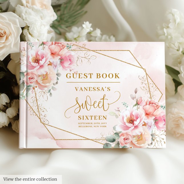 Elegant Powder Rosa Sage Guld Blommigt Sweet sixte Gästböcker (Elegant Powder Pink Sage Gold Floral Sweet Sixteen Guest Book)