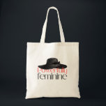 Elegant "Powerfully Feminine" Chic Black Hat Graph Tygkasse<br><div class="desc">Step out in effortless style with this sophisticated "Powerfully Feminine" tote bag. The design features a beautifully illustrated, chic wide-brim black hat adorned with a simple, elegant dark purple ribbon. Below the graphic, the phrase "Powerfully Feminine" is rendered in a two-tone text design: "Powerfully" in a refined red serif, and...</div>
