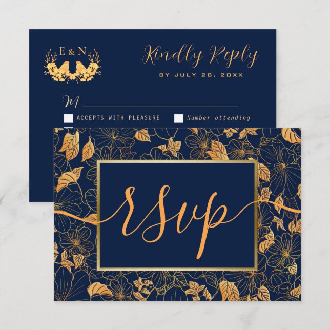 Elegant Praktfull Guld Bladverk Marinblå RSVP OSA Kort (Fram/baksida)