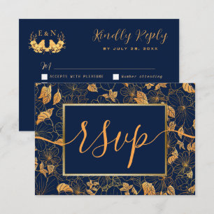Elegant Praktfull Guld Bladverk Marinblå RSVP OSA Kort