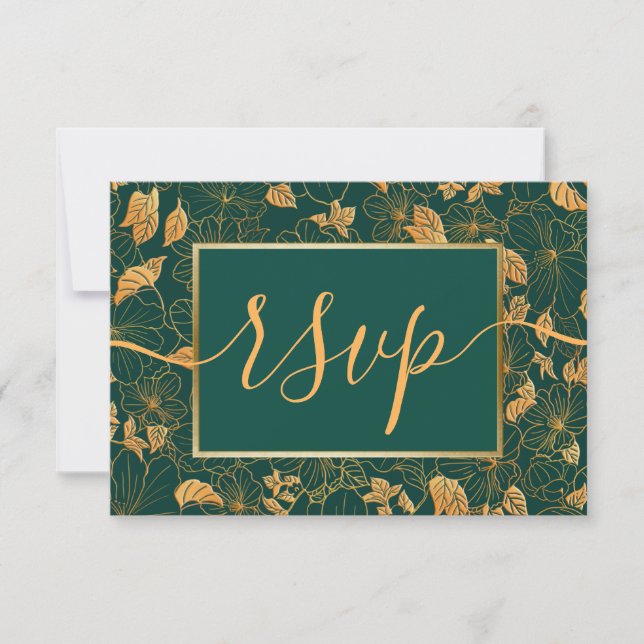 Elegant Praktfull Smaragdgrön & Guld Blad RSVP OSA Kort (Framsida)