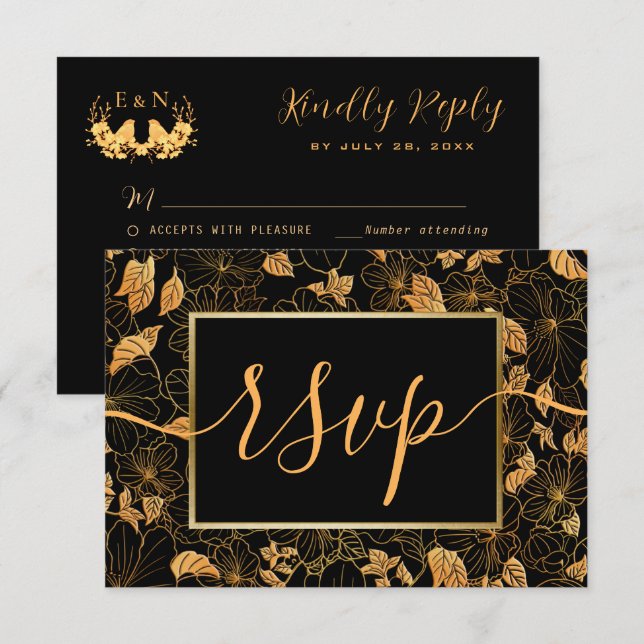 Elegant Praktfull Svart & Guld Bladverk RSVP OSA Kort (Fram/baksida)