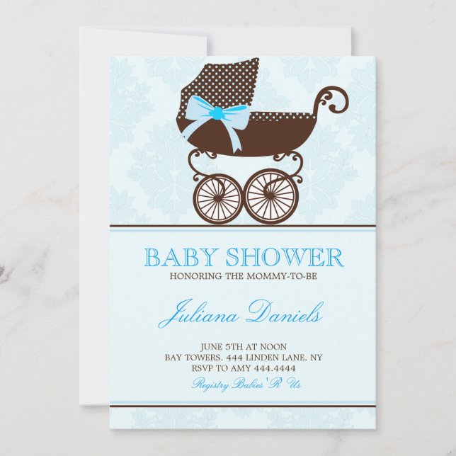 Elegant Pram Boy Shower-inbjudningar Inbjudningar (Framsida)