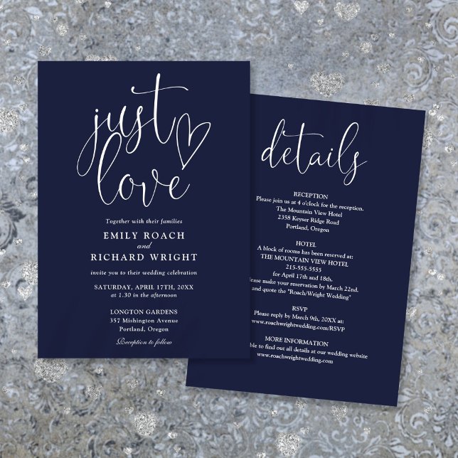 Elegant precis Kärlek alla i en enda marin blå Brö Inbjudningar (Elegant Just Love All In One Navy Blue Wedding Invitation)
