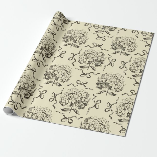 Elegant Preppy Beige Toile Hydrangea Bow Mönster Presentpapper (Utrullad)