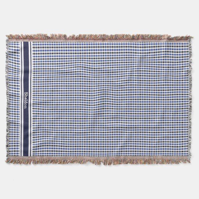 elegant preppy blå svart gingham mönster monogram filt (Framsidan)