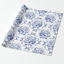 Elegant Preppy Blue Toile Hydrangea Bow Mönster
