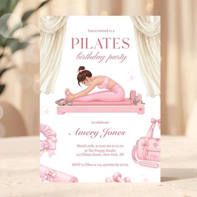 Elegant Preppy Pilates Födelsedag Inbjudningar (Pilates birthday invitation, fitness party invite, pink workout party invitation, preppy birthday in)