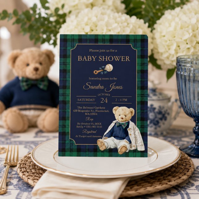 Elegant Preppy Polo Teddy Bear Barnrumsfirande Inbjudningar (Elegant Preppy Polo Teddy Bear Baby shower Invitation)