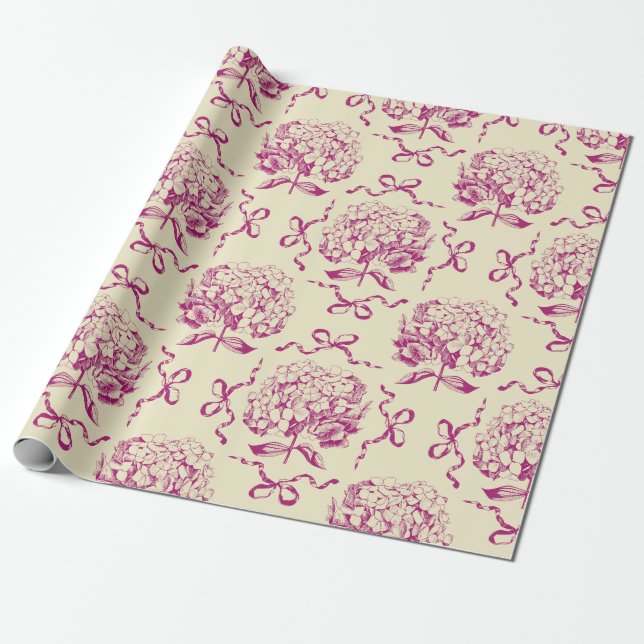 Elegant Preppy Rosa Hydrangea Bow Toile Mönster Presentpapper (Utrullad)