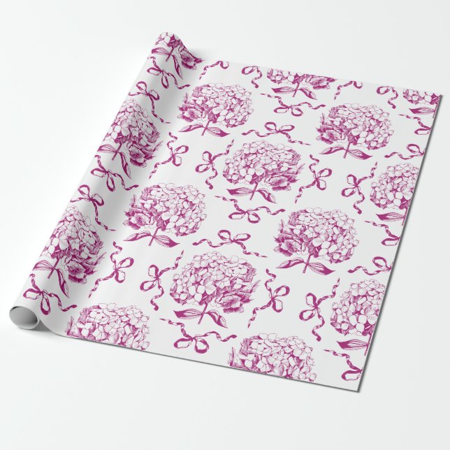 Elegant Preppy Rosa Hydrangea Bow Toile Mönster Presentpapper (Utrullad)