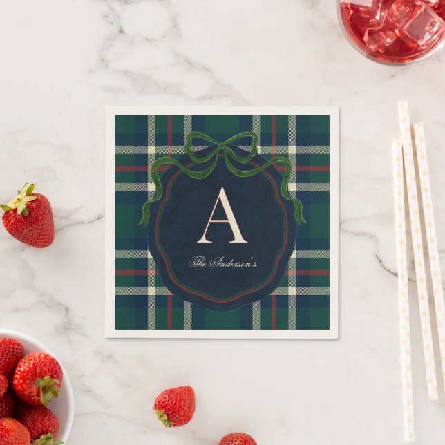 Elegant Preppy Rutig Monogram Jul Pappersservett (Insitu)