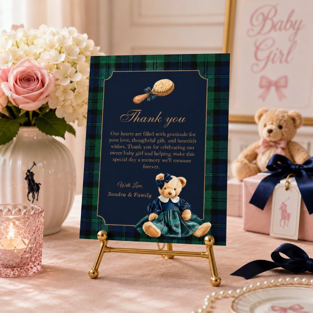 Elegant Preppy Teddybjörn Flicka Bebis Shower Tack Kort (Preppy Baby Shower Thank you Card)