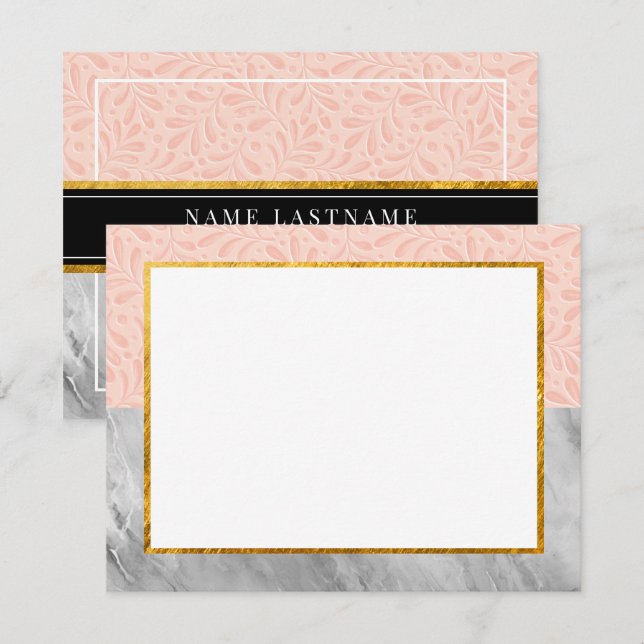 Elegant present med marmor och rosa botanisk brevp anteckningskort (Fram/baksida)